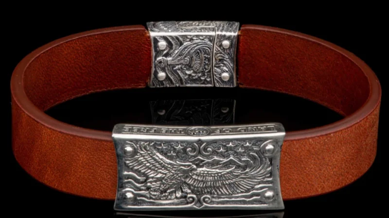 SILVER ART MAGNETIC CLASP BROWN LEATHER BRACELET