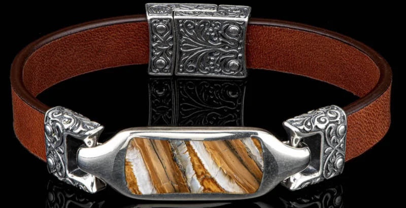 SILVER FOSSIL WOOLY MAMMOTH TOOTH WITH BRWN LEATHER STRAP ID BRACELET