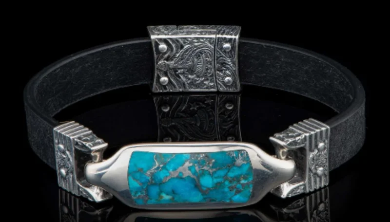 SILVER SCULPTED ROCK MAGNETIC CLASP AND LEATHER STRAP ID BRACELET