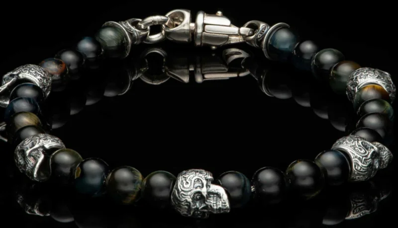 SILVER SUGAR SKULLS TIGER EYE BEADS BRACELET
