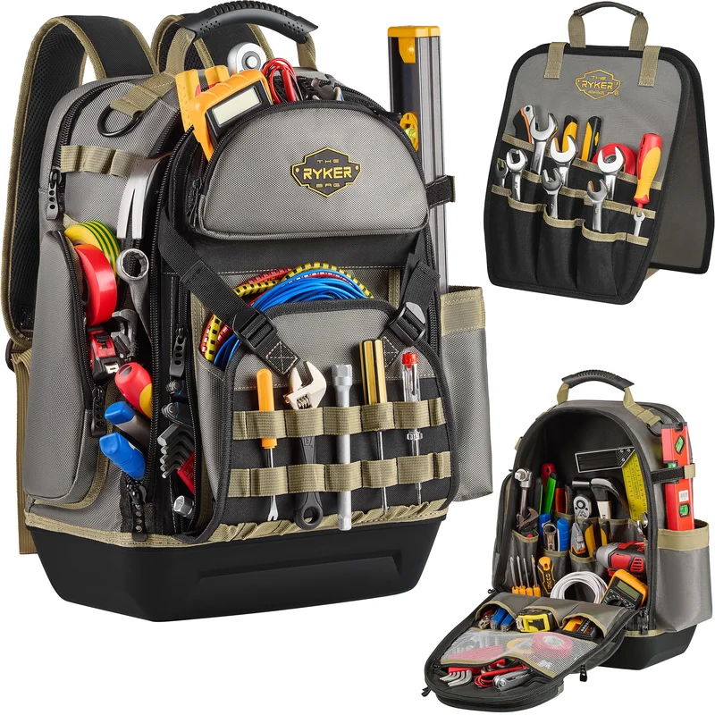 Tool Backpack + ProStand 48-Pocket Heavy-Duty Tool Bag & 26-Pocket Foldable Organizer for Professionals