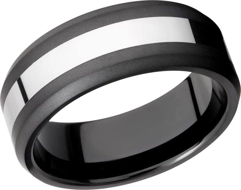 Tungsten ceramic band that is 8mm wide with a beveled edge. The center of the band is silver in col