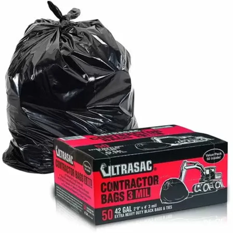 Ultrasac 42-Gallon Contractor Bag with Flaps (50-Count), Black, Black