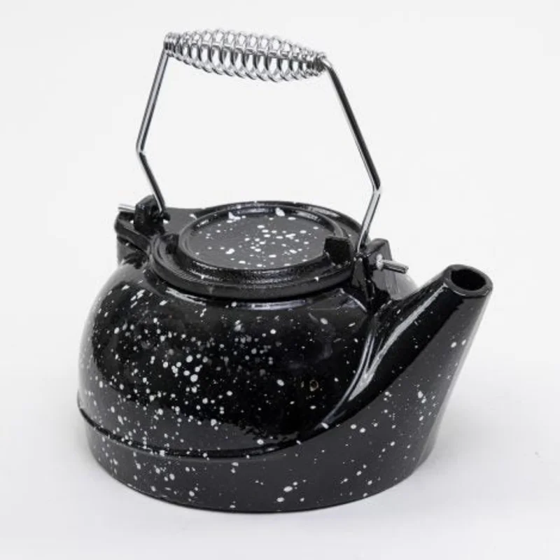 United States Stove Enameled Porcelain Steamer Kettle Black with White Spec