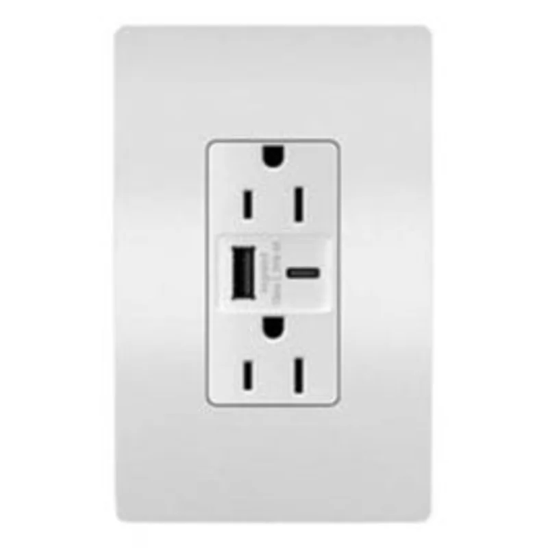 USB Charger Wall Plate With Duplex Outlet, Type A/C, White, 6.0A, 15-Amp