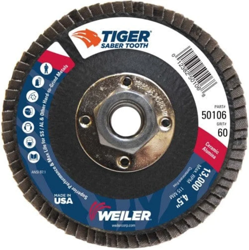 Weiler Tiger Ceramic Flap Disc- 4 1/2" Type 29 w/Hub 60 Grit 50106
