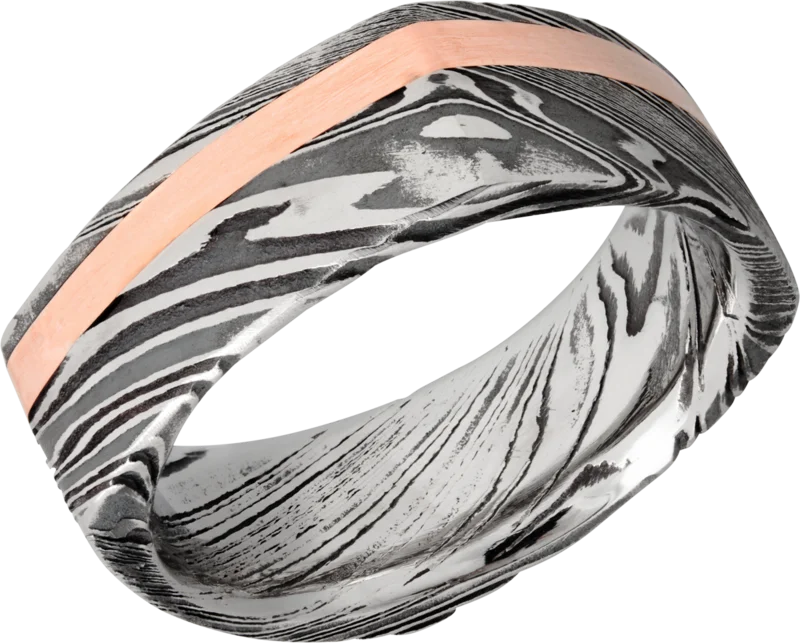 Woodgrain Damascus 8mm wide flat square with one, 2mm off center inlay of mokume (M14KRSH) MENS BAN
