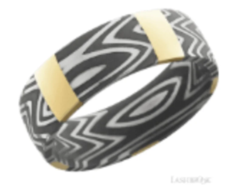 Zebra Damascus/14kyg BR 0.45CTW black diamonds 7mm wide domed band with 4mm vertical yg inlay mens