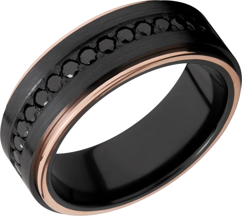 Zirconium 8mm wide flat with groove edges, edges in 14K rose gold  and 9 evenly spaces black diamon